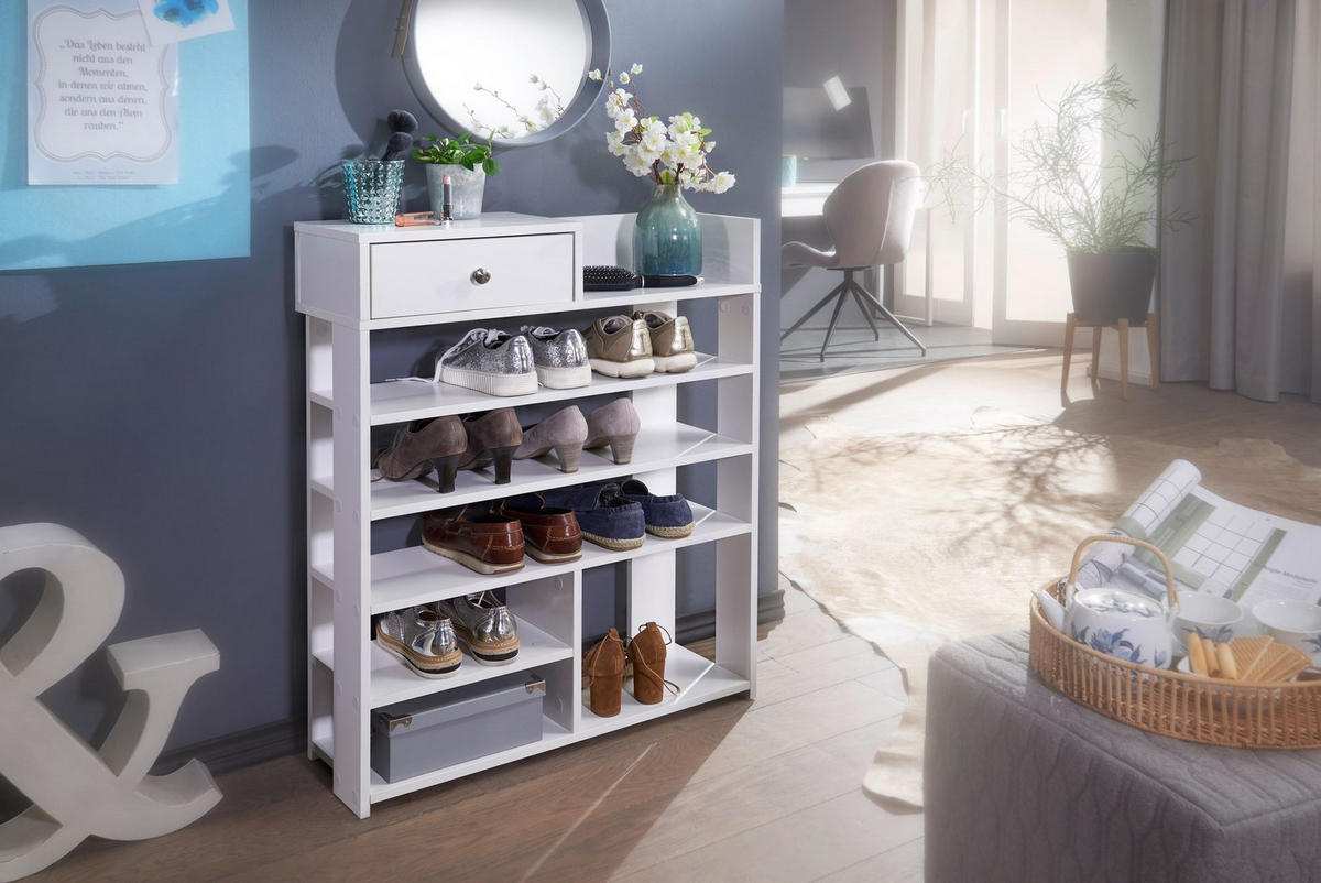 SCHUHREGAL – Weiß, 75x92,5x24 cm, 7 Fächer, mit Schublade, kompakt - Weiß, Holz/Metall (75/93/24cm) - KADIMA DESIGN