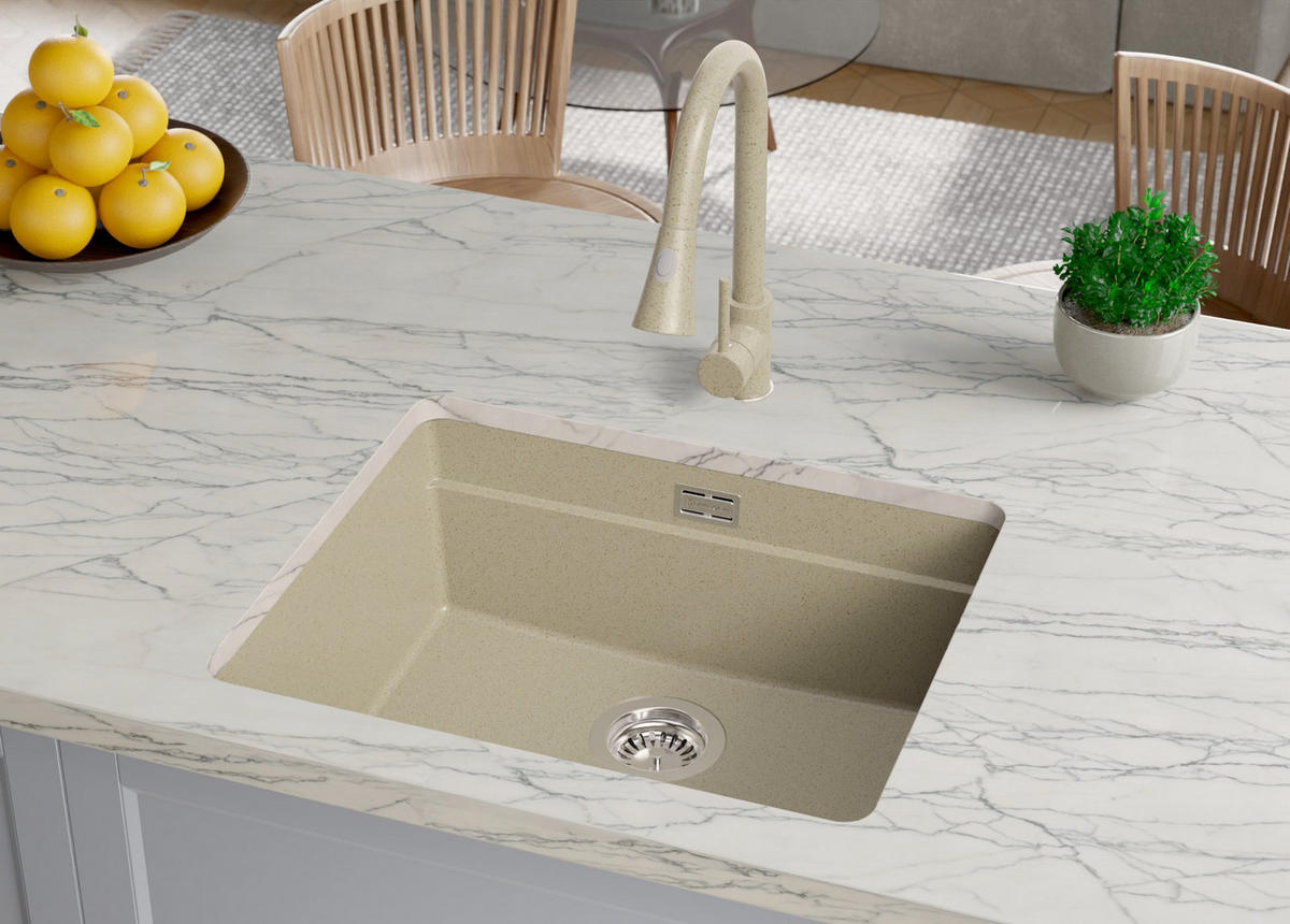 UNTERBAUSPÜLE GRANIT Praga, 2-er set Beige 56/47 cm 1 Becken + Küchenarmatur 38/14 cm + Ablauf-Set + Aufrollbare Abtropffläche ab 60er Unterschrank - Chromfarben/Beige, Kunststoff (56/20/47cm) - Primagran