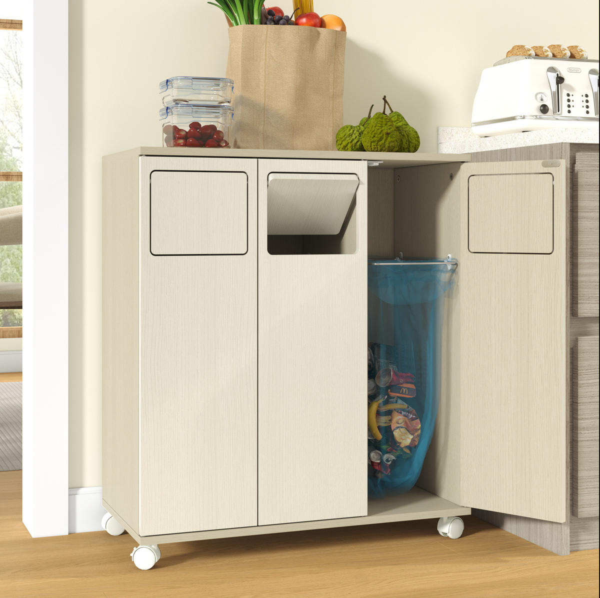 SKŘÍŇKA na třídění odpadu z MDF 69,3x35x80 cm bílá na kolečkách se 3 přihrádkami a dvířky 180° - bílá, kompozitní dřevo (70/80/35cm) - Modfu