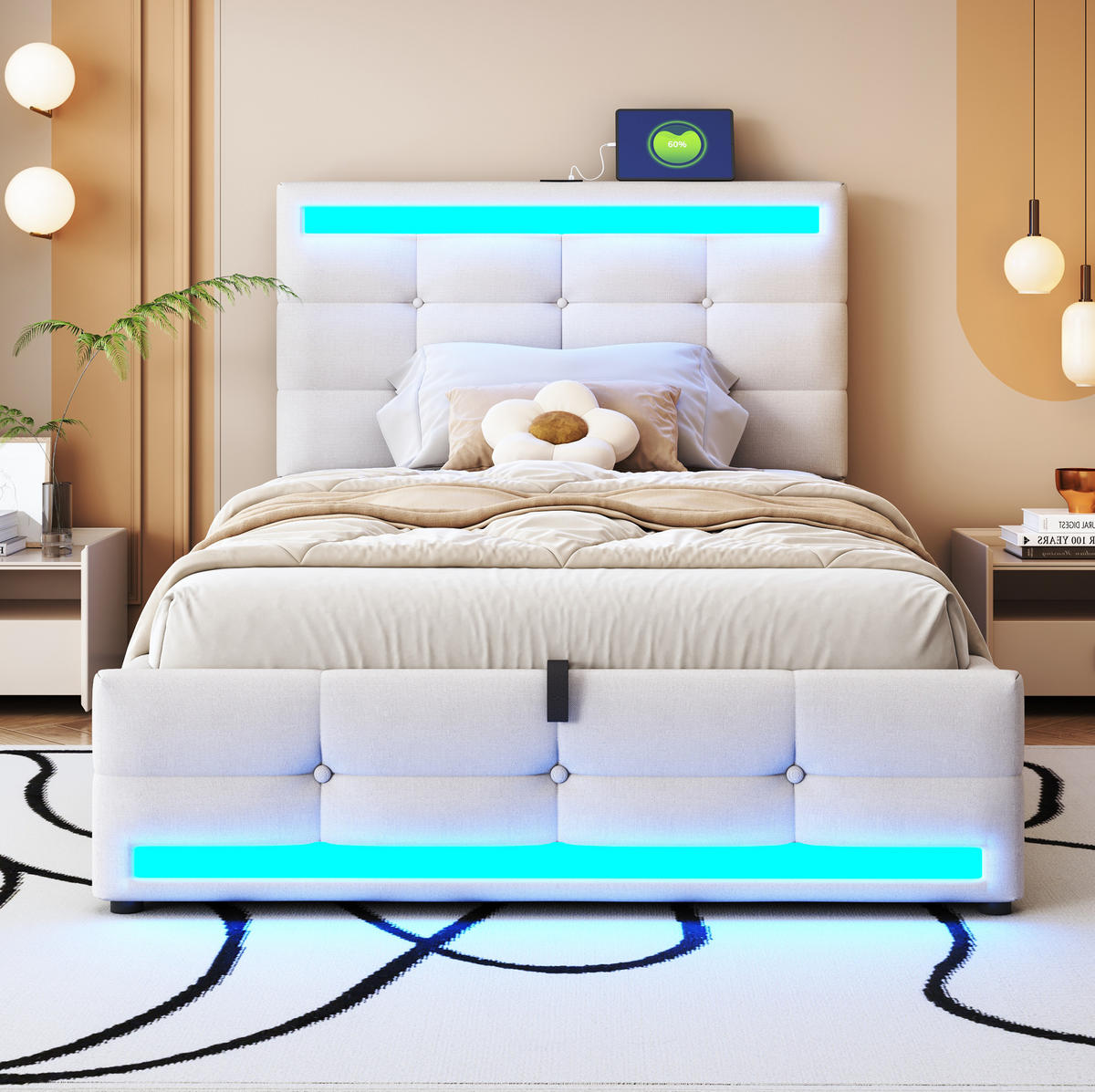 POLSTERBETT 90/200 cm Beige mit LED-Beleuchtung und USB-Anschlüssen - Beige, Textil (90/200cm) - Flora Grace