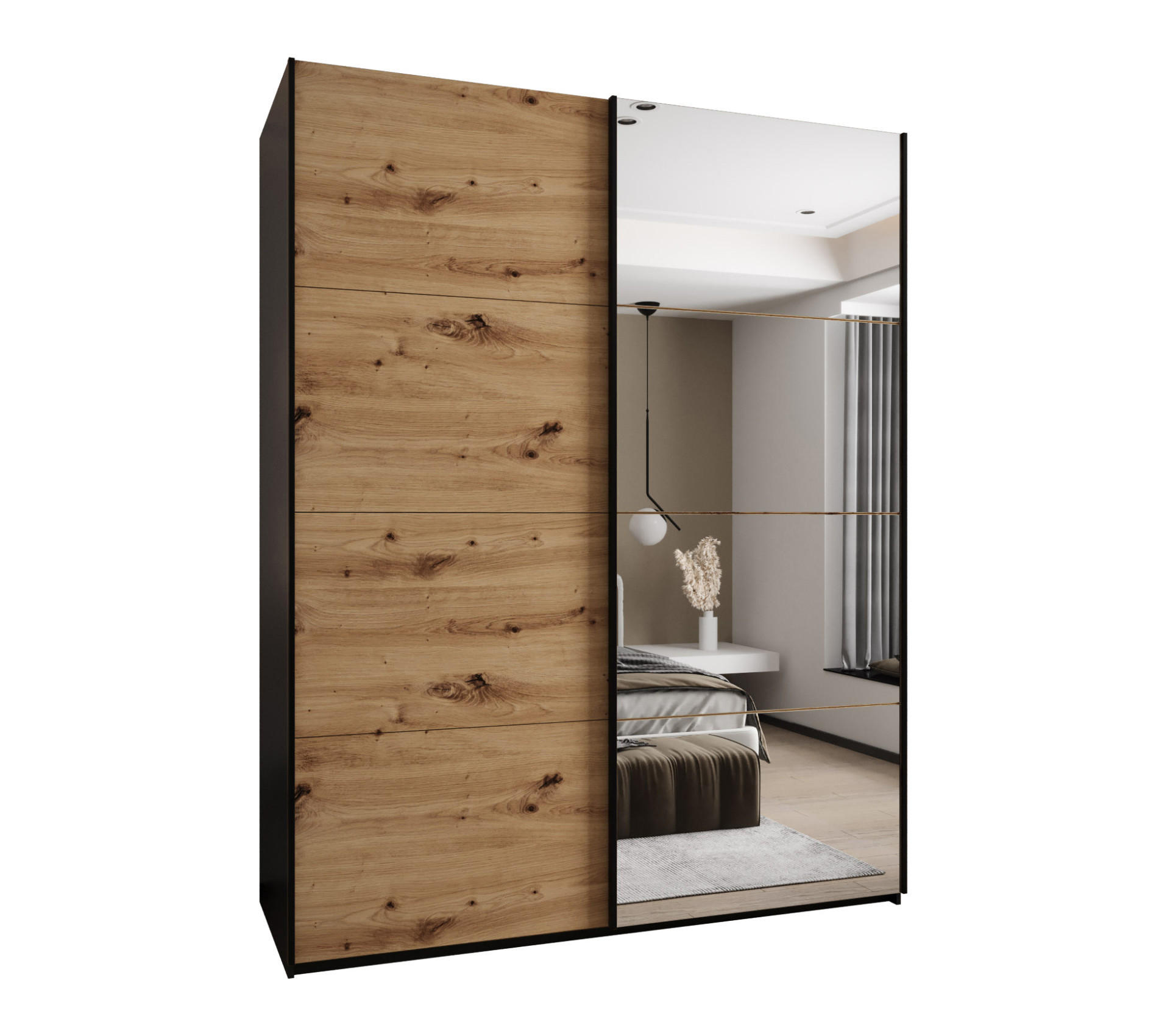 Abiks Möbel Schwebetürenschrank Schwarz, Eiche Artisan, Schwarz 200x245x64 cm