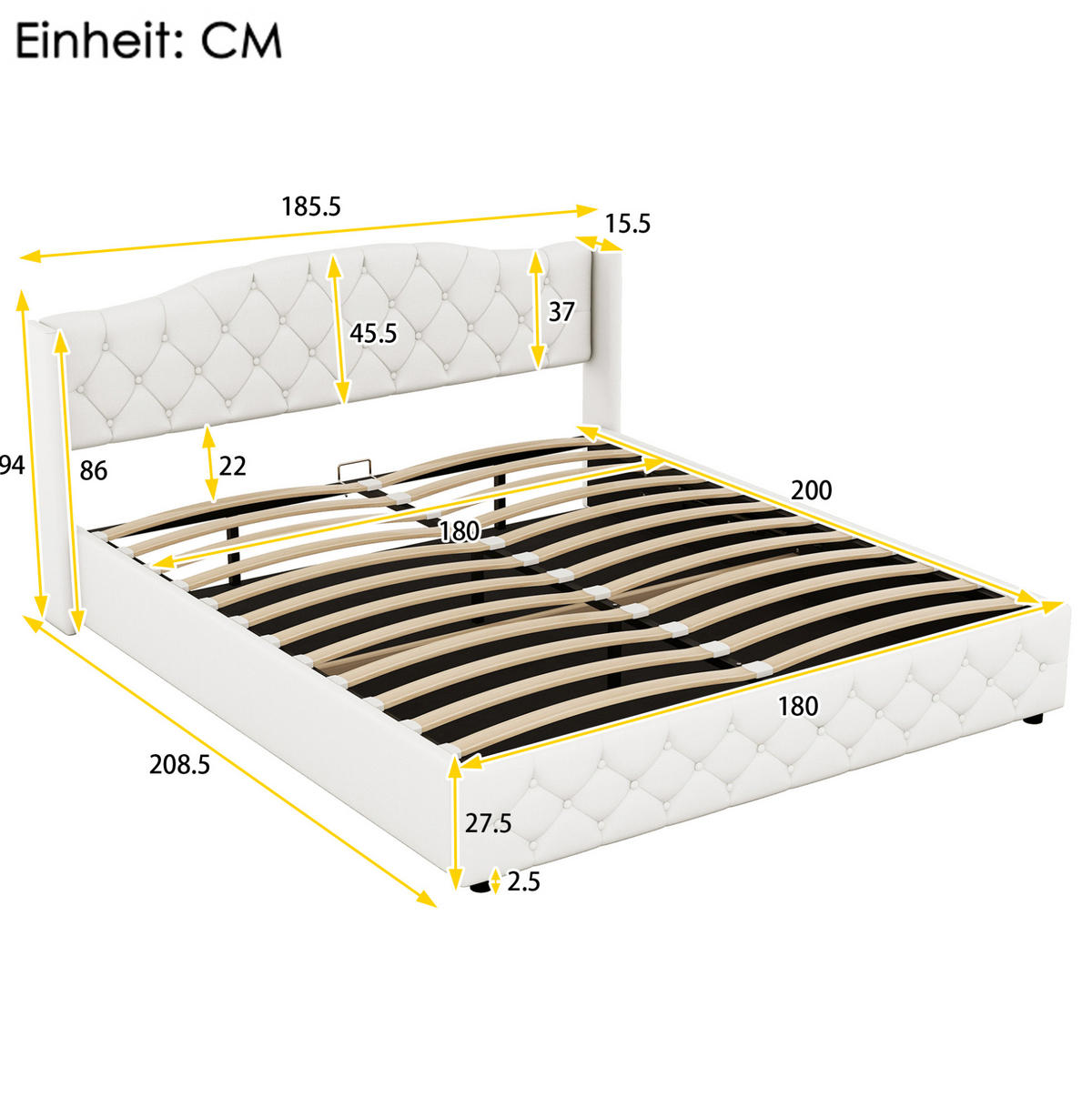 POLSTERBETT 180/200 cm aus Leinenstoff mit hydraulischem Bettkasten und großem Stauraum, Beige - Beige, Textil (180/200cm) - Redom