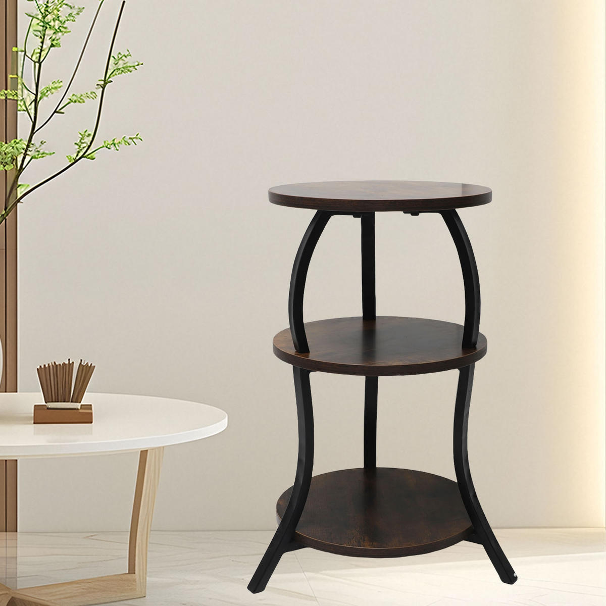 RUNDER Beistelltisch mit 3 Ablagen, MDF-Metallgestell, rustikaler Akzenttisch, Nachttisch für Wohnzimmer, Schlafzimmer oder Couch - Graubraun, Holz (30/30/55cm) - Ej. Life