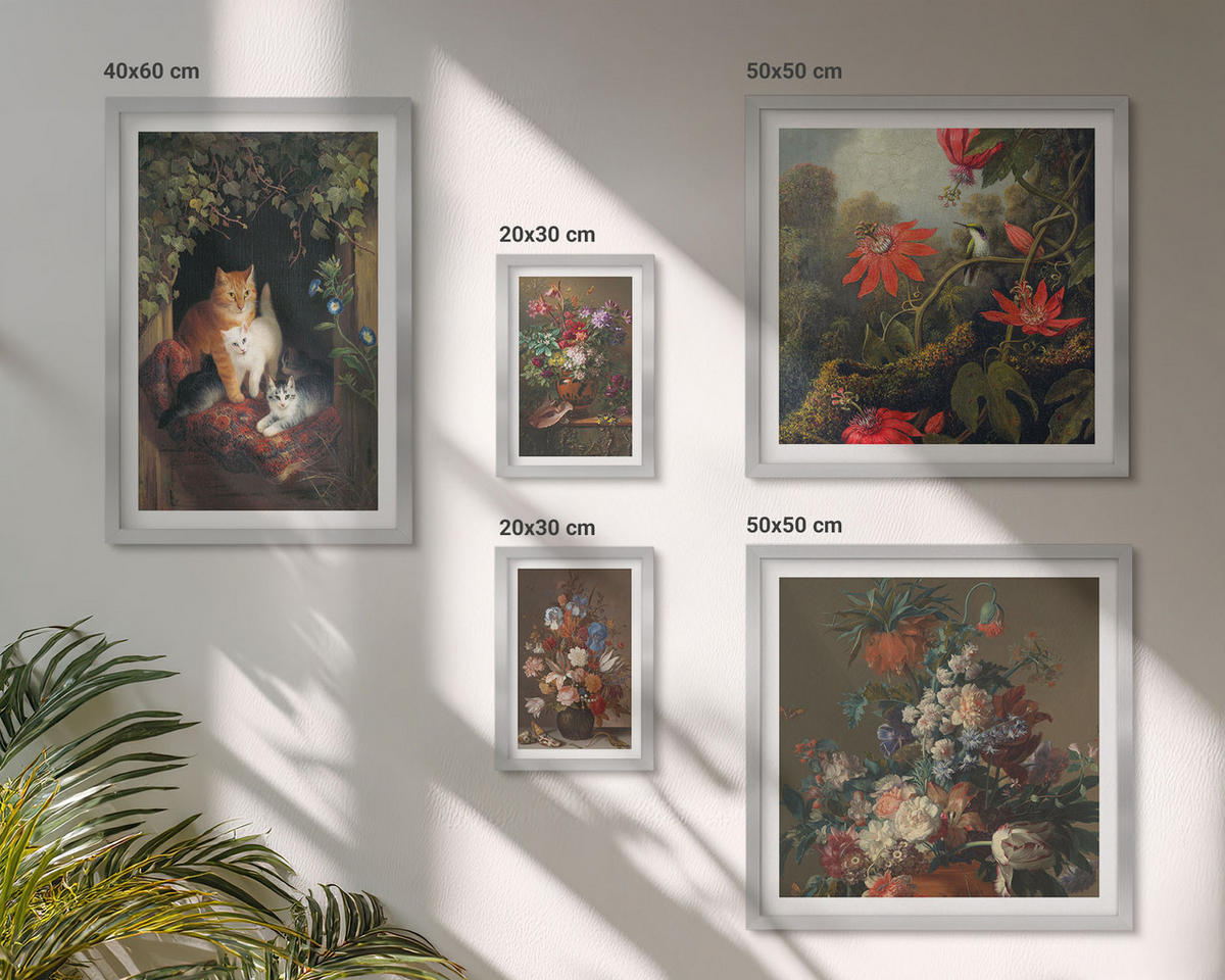 WANDBILDER 5er Set - 50x50 cm & 20x30 cm & 40x60 cm Silberner Rahmen - Vintage-Blumen, Katzen, Pflanzen - Silberfarben, Kunststoff (40/60cm) - ArtPrintCave
