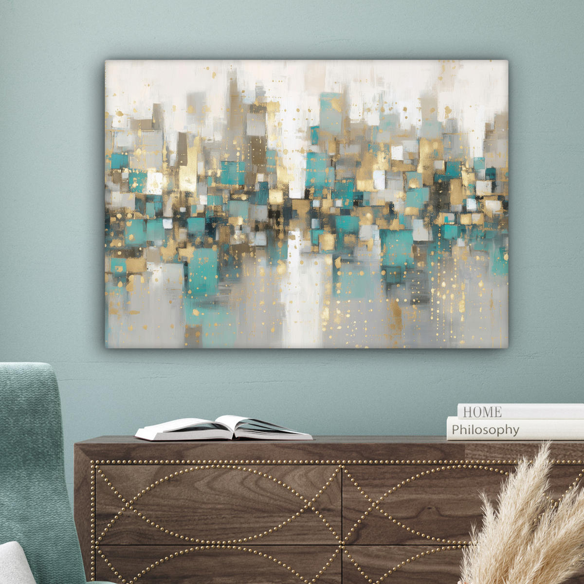 LEINWANDBILD Abstrakt - Blöcke - Gold - Skyline Wandbilder 80x60 cm - Beige, Textil (80/60cm) - MuchoWow