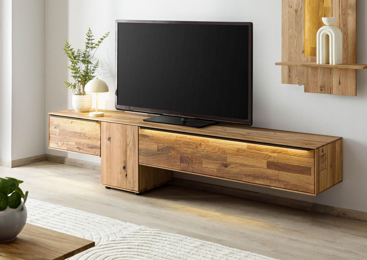 LOWBOARD Wildeiche 240x43x55 natur geölt WIEN #208 - Naturfarben, Holz (240/55/43cm) - Massivmoebel24