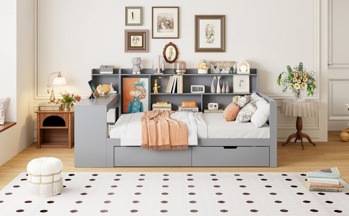 SCHLAFSOFA 90/200 cm mit Schreibtisch, Regalen, 2 Schubladen und USB-Steckdose, Grau - Grau, Holzwerkstoff (245.5/100/114.5cm) - Redom