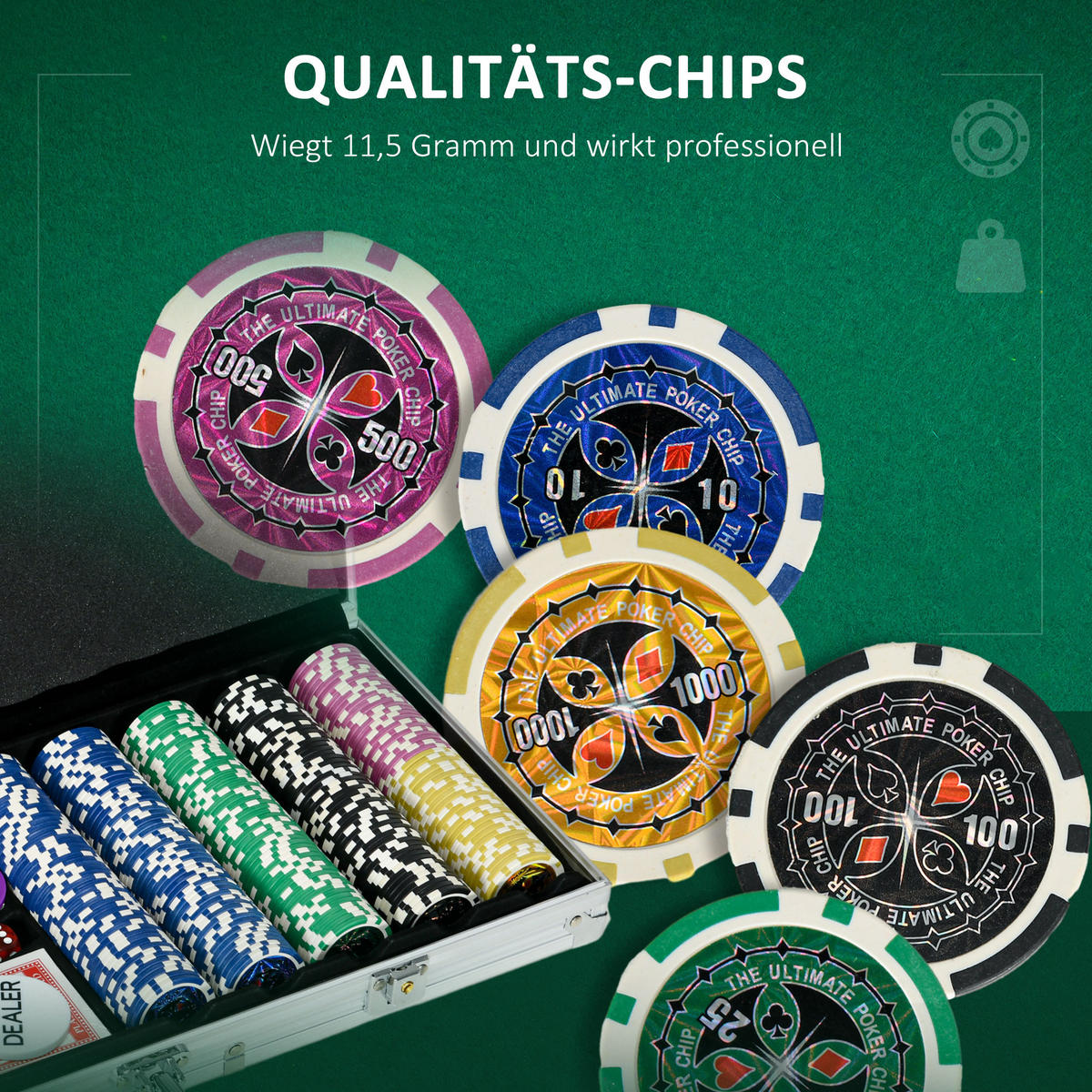 POKERKOFFER Set, 500 Pokerchips 11,5 Gramm, Pokerset mit Schloss Silber - Silberfarben, Metall (23.5/56cm) - SPORTNOW