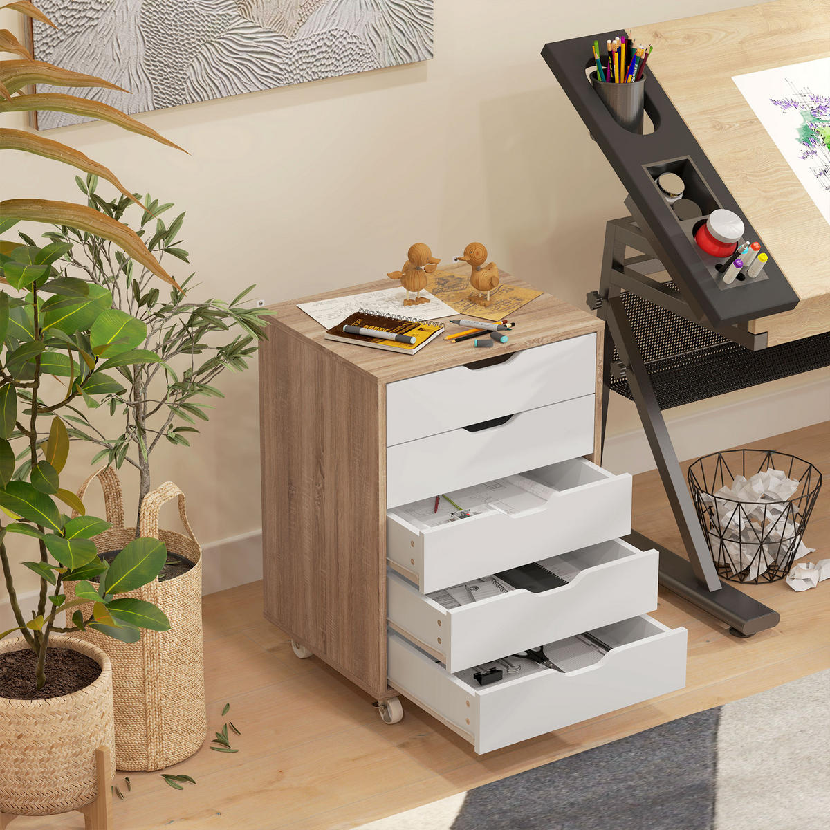 ROLLCONTAINER DE-14484 5 Schubladen Weiß/Eiche - Eichefarben, Holzwerkstoff (39.5/67.5/47.5cm) - ComfortXL