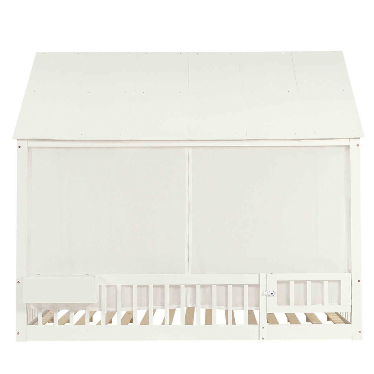 HAUSBETT 140/200 cm Weiß aus Kiefer, MDF und Sperrholz mit Vorhängeschirmen und Stauraumfach - Weiß, Holz (140/200cm) - OKMYHOME