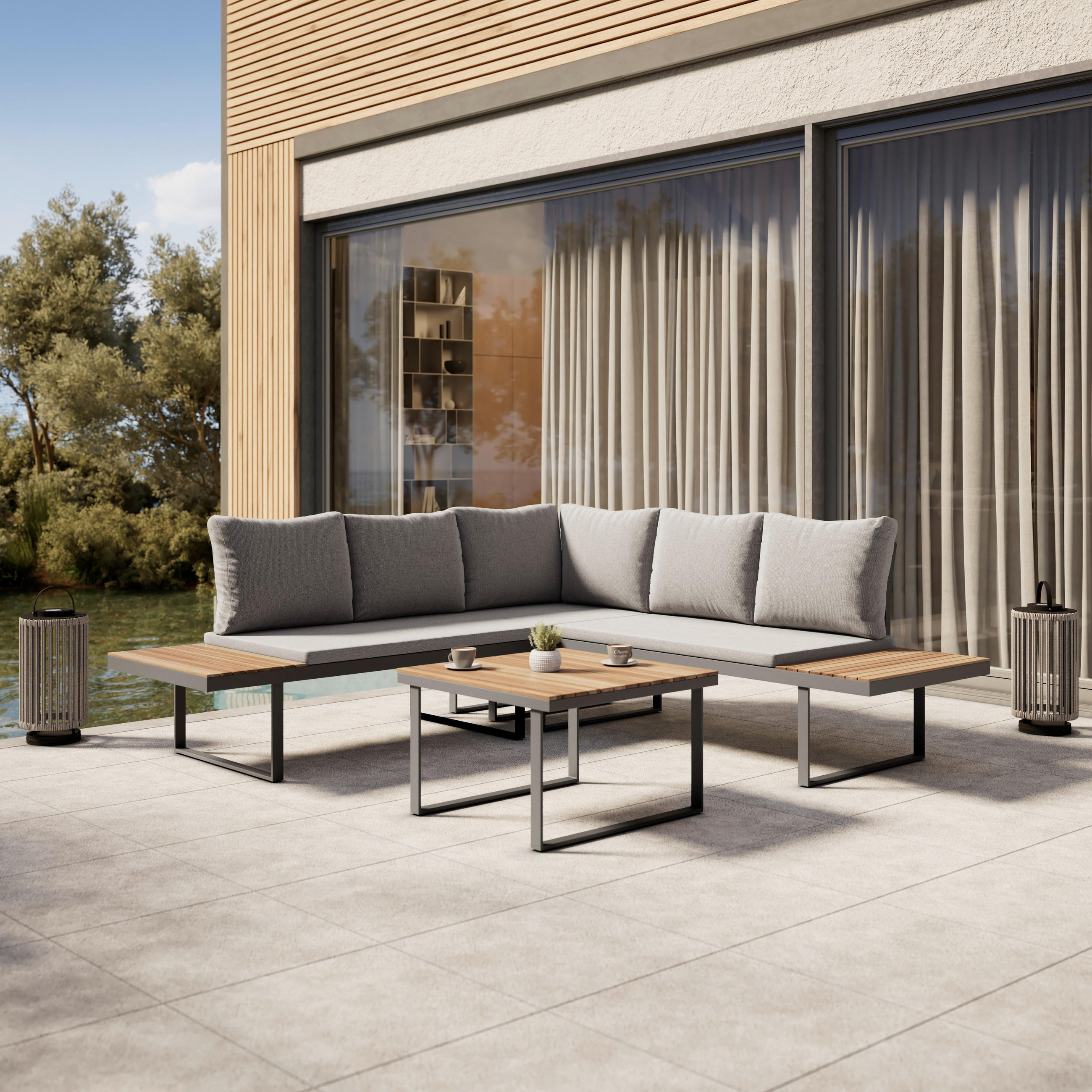LOUNGEGARNITUR Elia Grau Outdoorstoff/Metall/Holz - Grau, Holz - Bessagi Garden