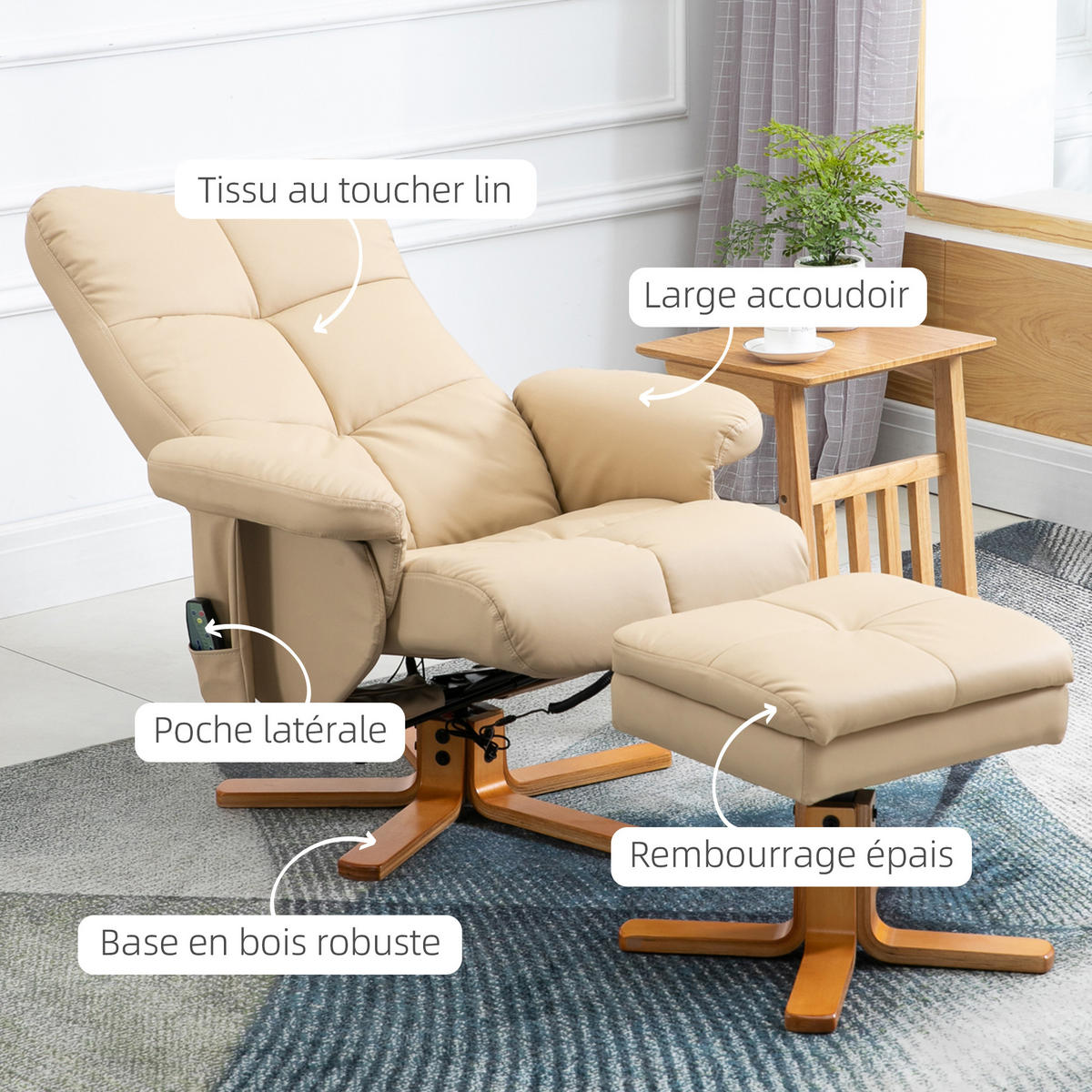 MASSAGESESSEL Creme mit Massagefunktion, Liegefunktion und Hocker 86/80/99 cm - Creme, Leder (86/99/80cm) - PANGIVO