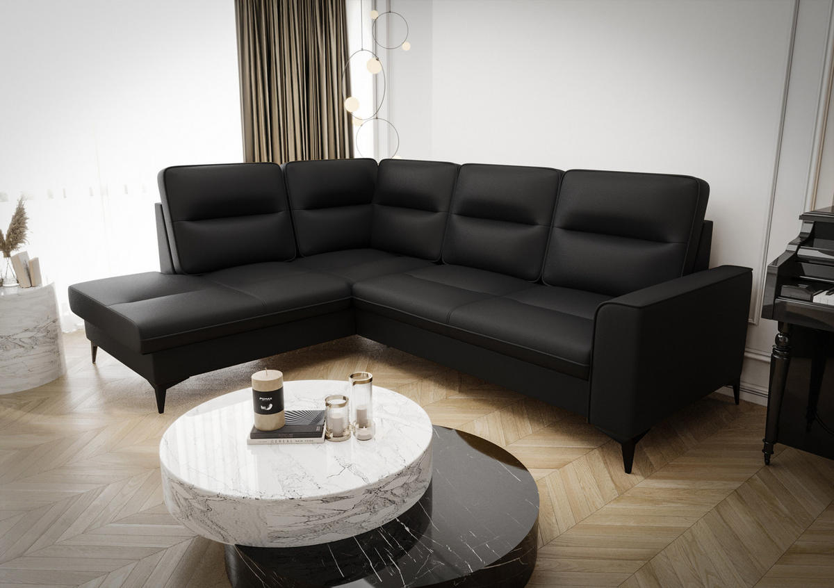 ECKSOFA KONGO RBN14, Eckcouch in L-Form mit Schlaffunktion, Farbe: Schwarz, Kunstleder, Ottomane Links - Schwarz, Textil (260/200cm) - O-Sofa