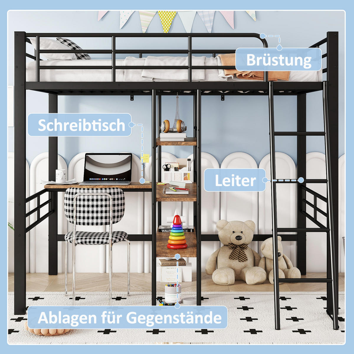 HOCHBETT 90/200 cm aus Metall mit Schreibtisch und Regalen, Schwarz - Schwarz, Metall (90/200cm) - Flora Grace