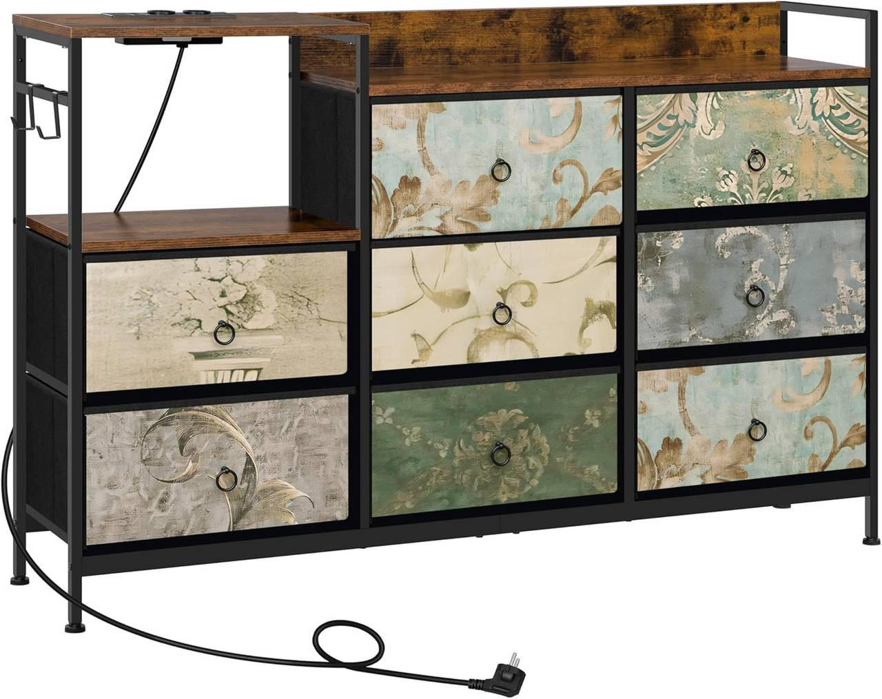 KOMMODE mit 8 Schubladen, 2 Steckdosen, Vintage-Blumenmotiv - Multicolor/Schwarz, Holzwerkstoff/Textil (132/88/30cm) - Woltu