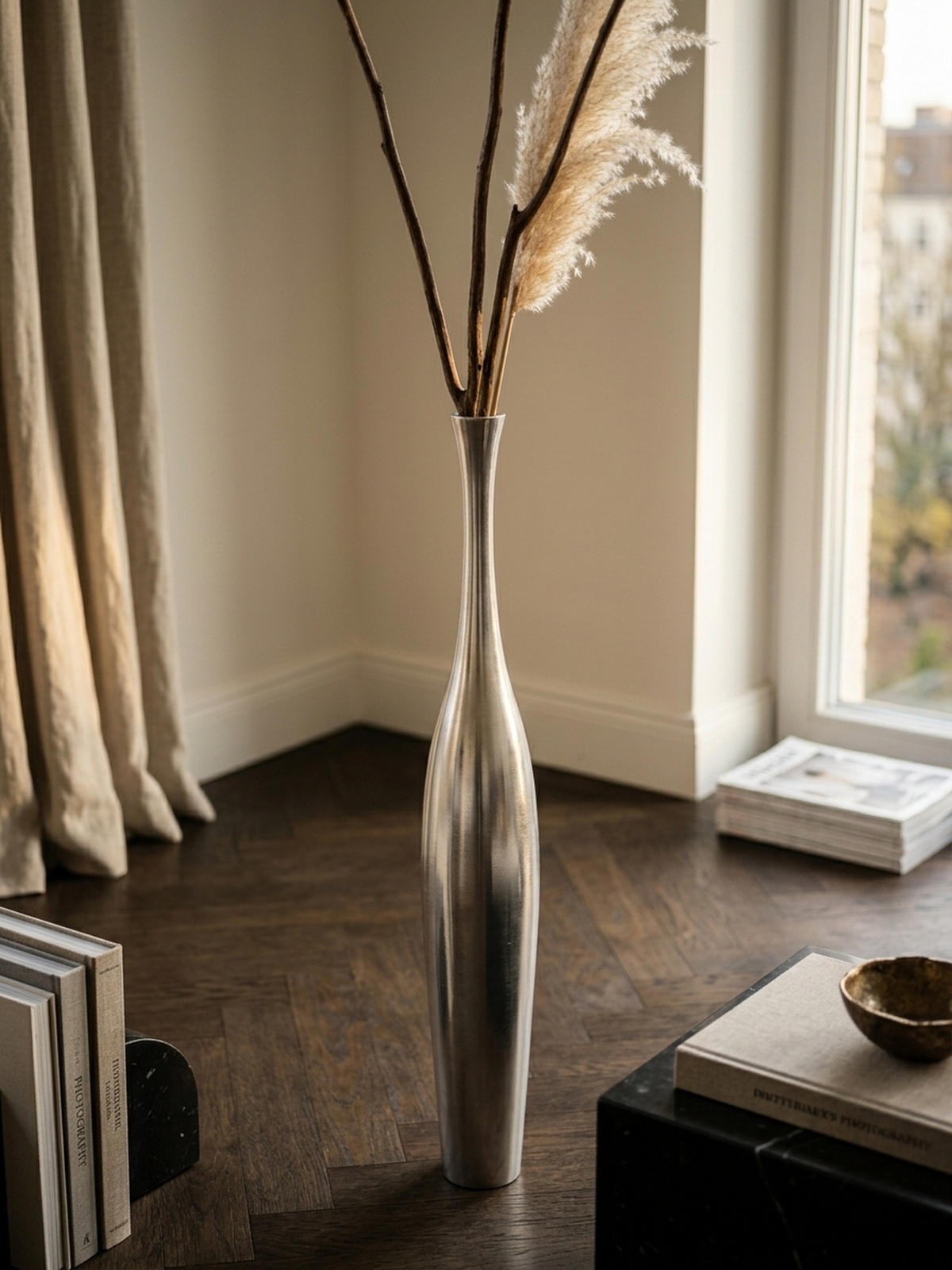 VASE Aluminium Modern Stil Modell BOTTLE S Silber mit einer Öffnung - Silberfarben, Metall (100cm) - KADIMA DESIGN