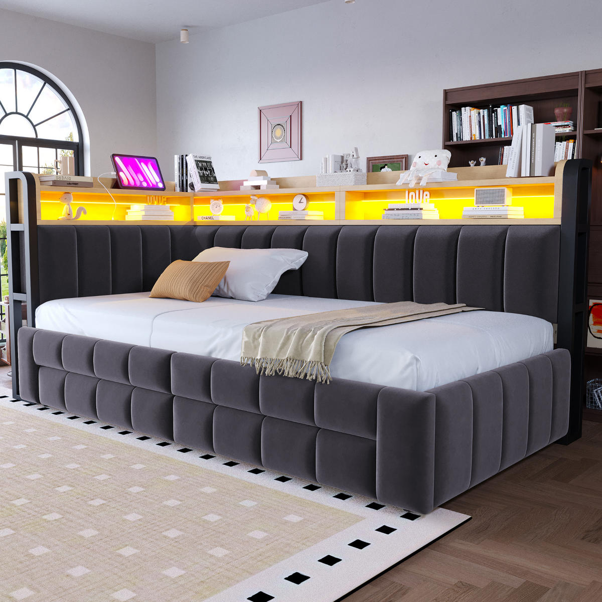 AUSZIEHBETT 90/180/200 cm DE-32703 mit Stauraum und LED Dunkelgrau - Dunkelgrau, Metall (90/200cm) - ComfortXL
