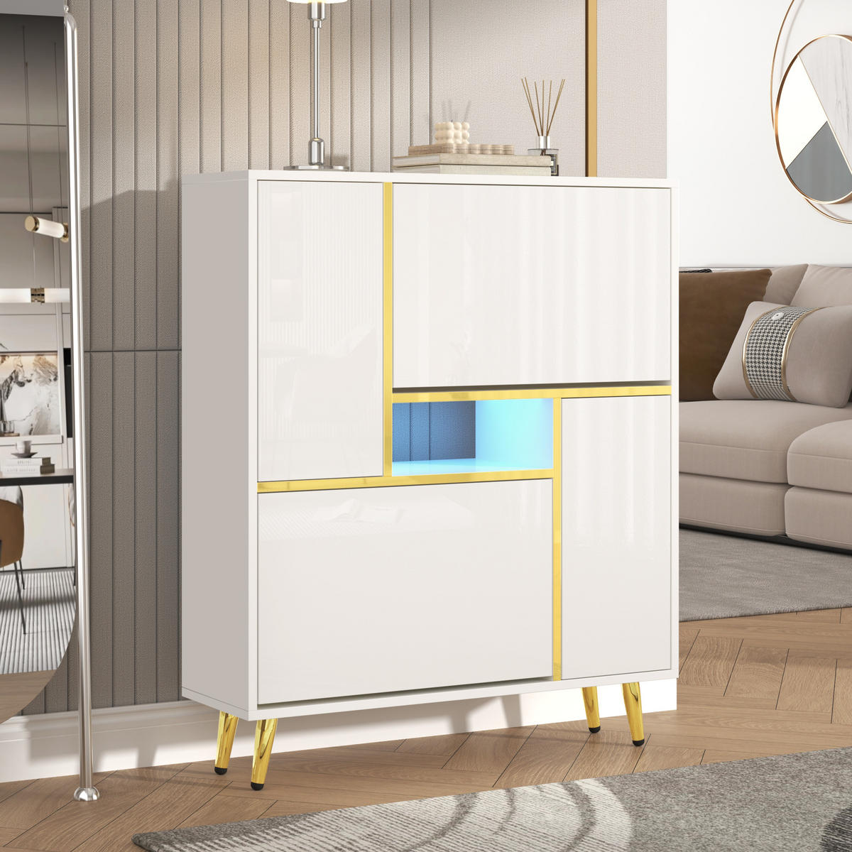 SCHUHSCHRANK 80x25x96 Weiß Hochglanz LED 16 Farben - Weiß, Holzwerkstoff (25/96/80cm) - FLIEKS