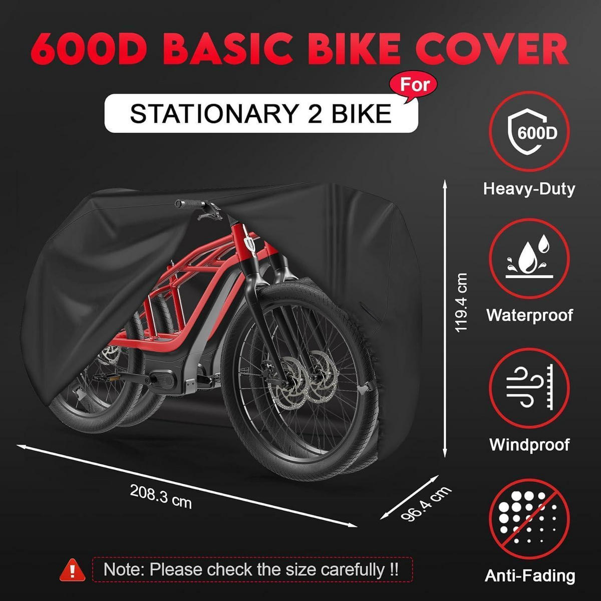 FAHRRADABDECKUNG für 2 Fahrräder 208,3 cm x 96,5 cm x 119,4 cm Wasserdicht Outdoor - Schwarz, Kunststoff (97/119/208cm)