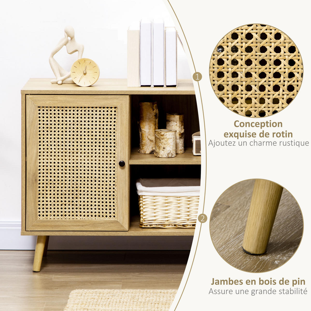 SIDEBOARD Holzoptik mit Rattan-Geflecht, 80/39/70 cm - Naturfarben, Holz (80/70/39cm) - PANGIVO