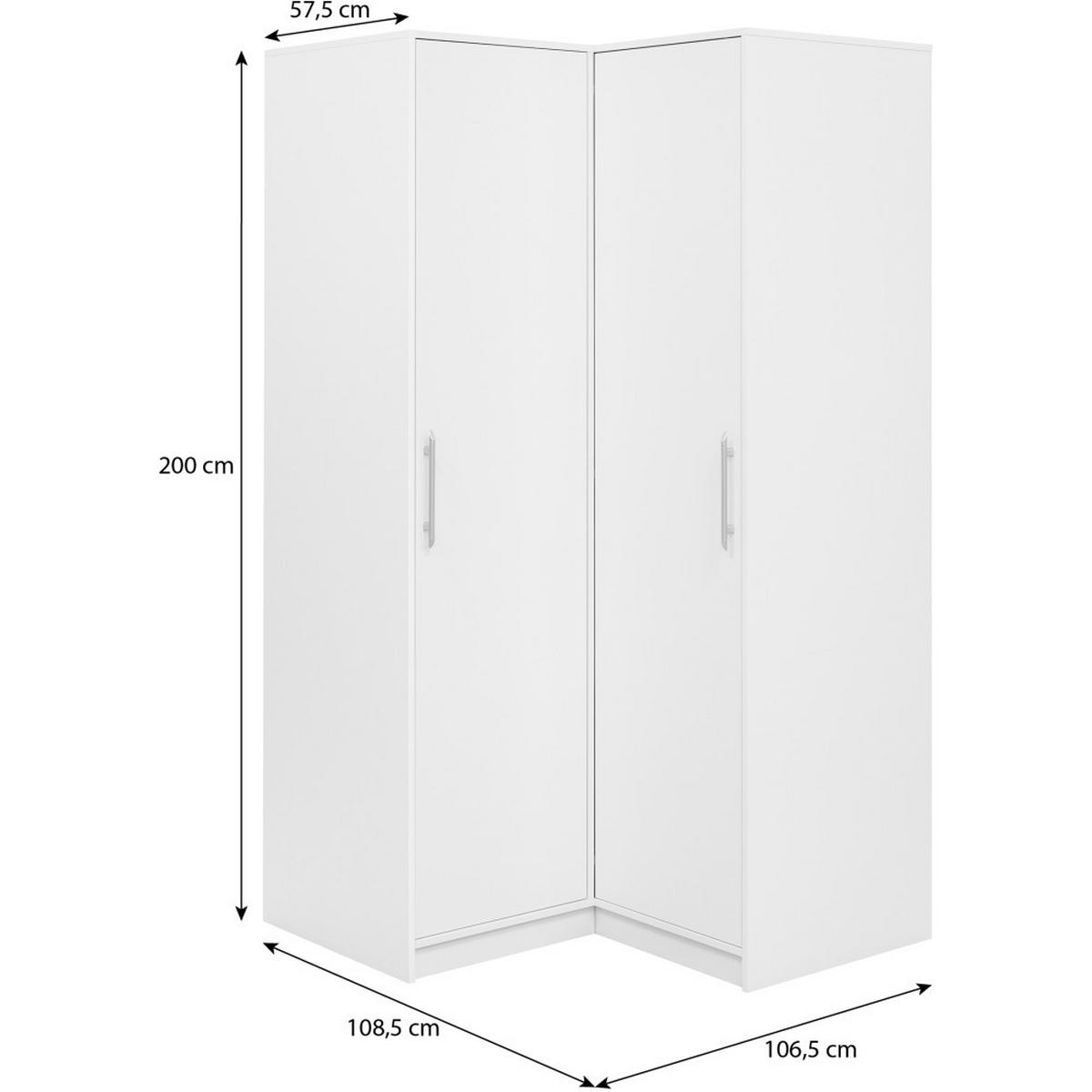 ECKSCHRANK Bora, Eckdrehtürenschrank mit 2 Türen, Weiß - Weiß, Holzwerkstoff (108.5/200/106.5cm) - Beautysofa