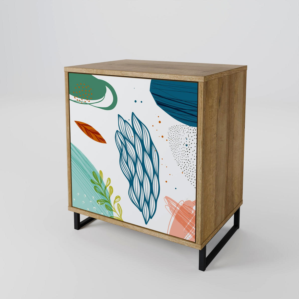 SIDEBOARD BOTANICAL HURRICANE, Eichefarben, 57,5x42x70,5 cm, Schwarze Metall-Sternfüße - Eichefarben/Multicolor, Holzwerkstoff/Metall (57.5/70.5/42cm) - SpaceRebels