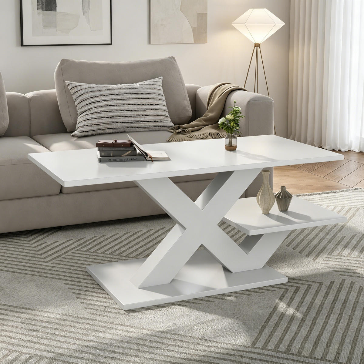 COUCHTISCH mit doppelter Arbeitsplatte und X-förmigen Tischbeinen MDF Weiß 100/48/45 cm - Weiß, Holzwerkstoff (100/48/45cm) - EVRYAE