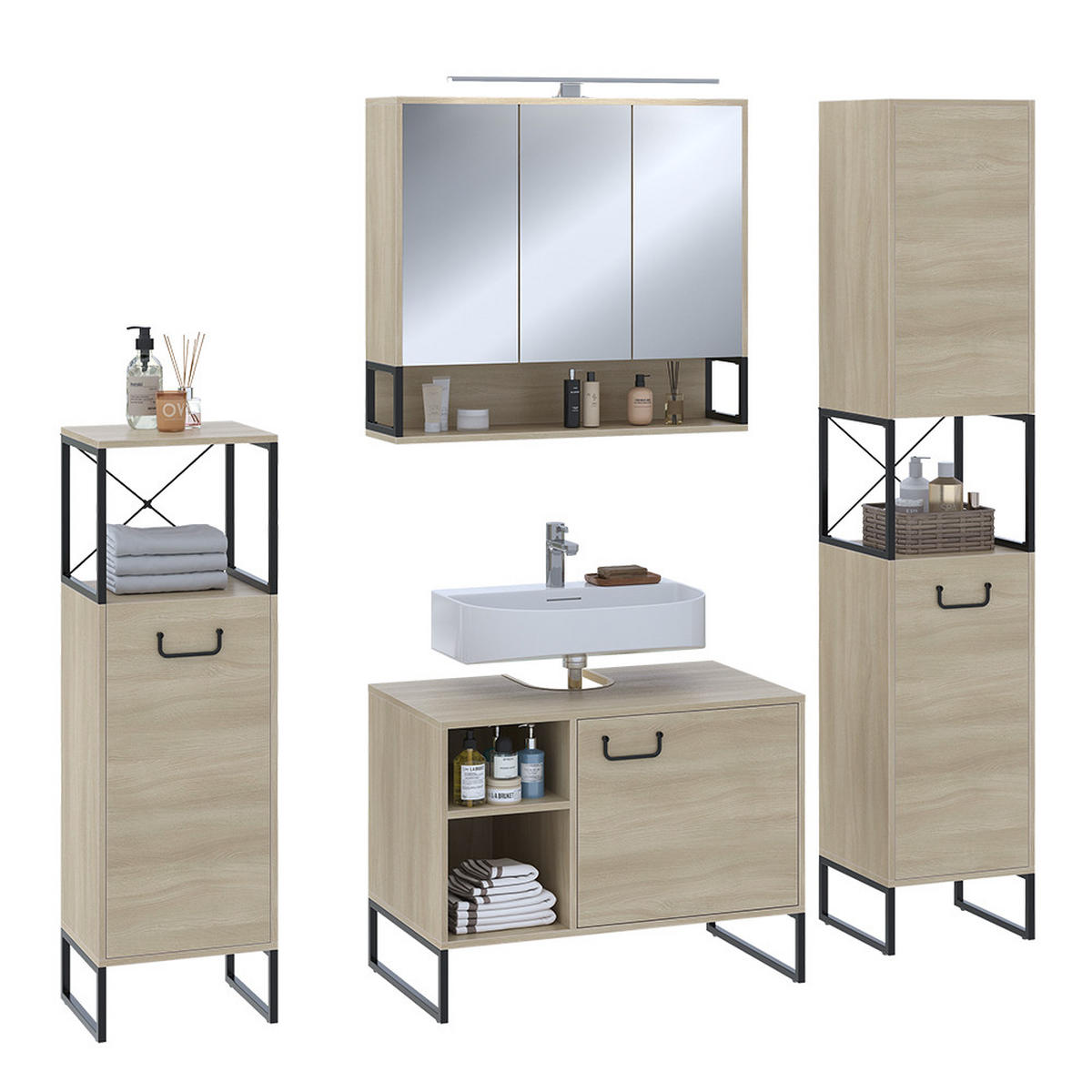 BADMÖBEL-SET Vionna Eiche/Schwarz 4 Teile - Eichefarben/Schwarz, Holzwerkstoff (80/60/45.5cm) - Vicco