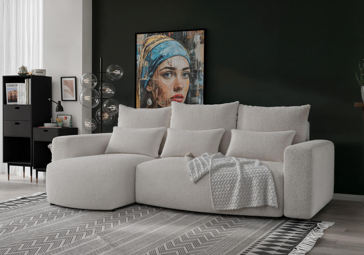 ECKSOFA Travis mit Bettkasten und Schlaffunktion, L-Form, Boucle, Universal - Beige, Holzwerkstoff (248/148cm) - 4ALL HOME