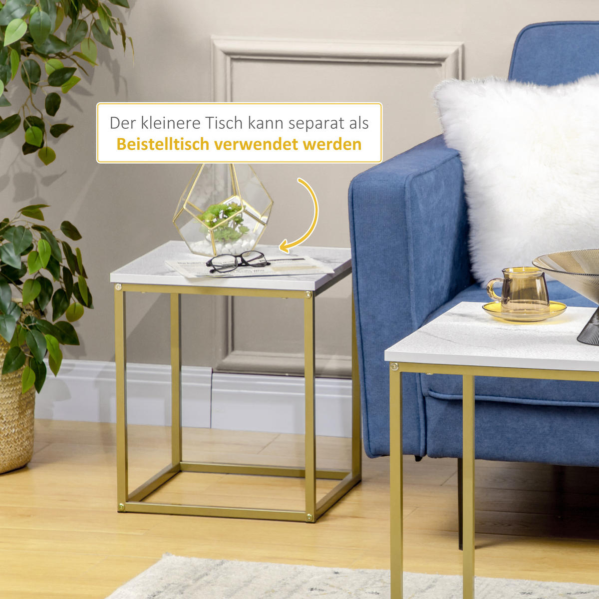METALL-COUCHTISCH-SET, Spanplatte - Goldfarben/Weiß, Metall (45/45/50cm) - HOMCOM