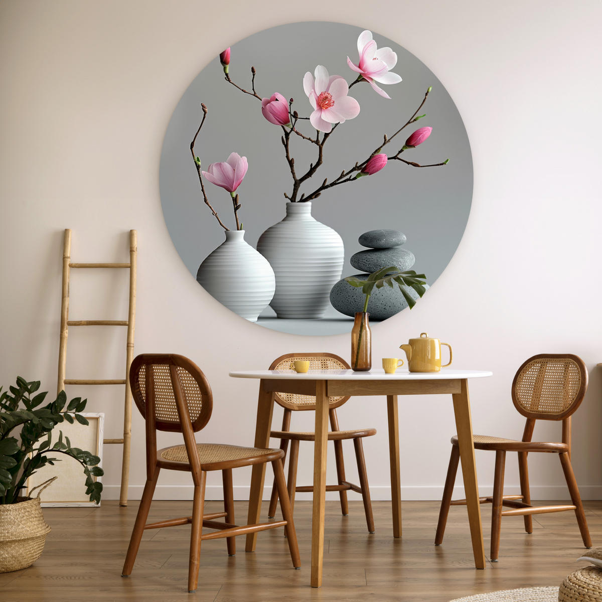 WANDBILD Magnolie - Blumen - Rosa - Zen-Steine 140x140 cm - Hellgrau, Kunststoff (140/140cm) - MuchoWow