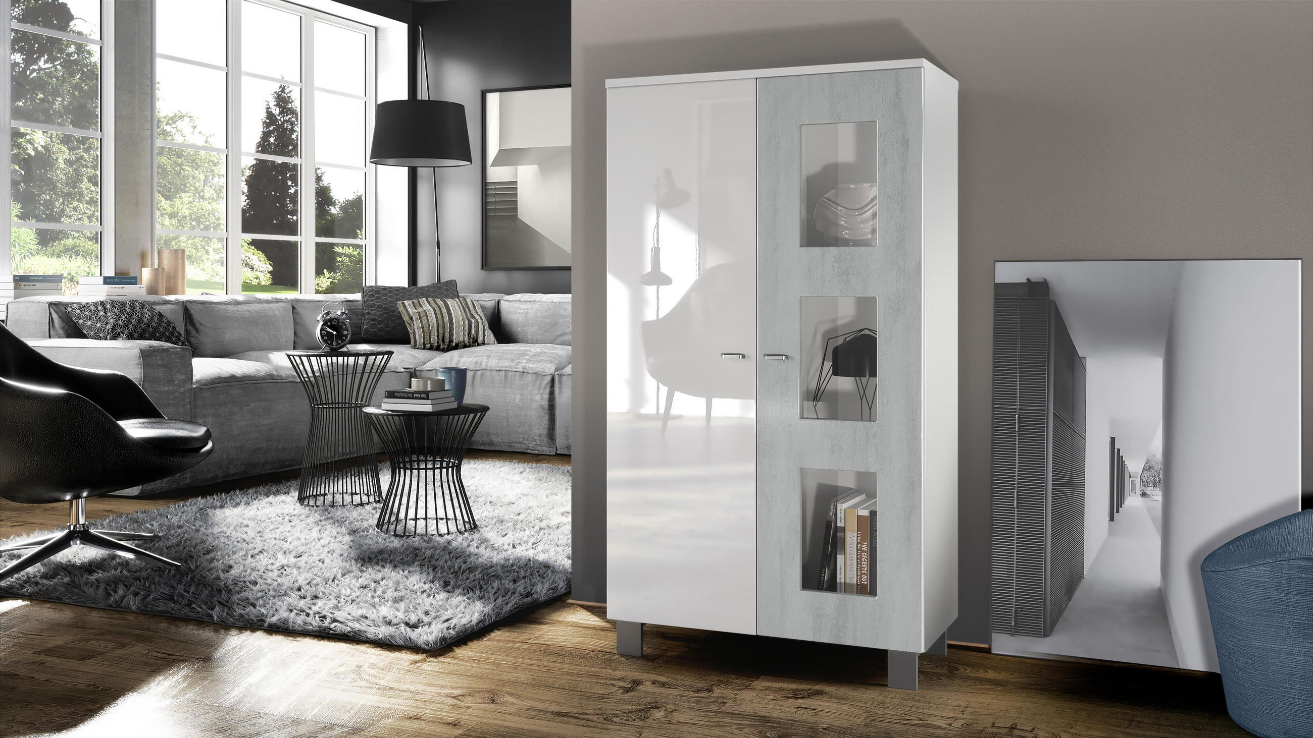 VITRINE Denjo Tür in Beton Oxid Optik - Hellgrau, Holzwerkstoff (71/129/35cm) - Vladon