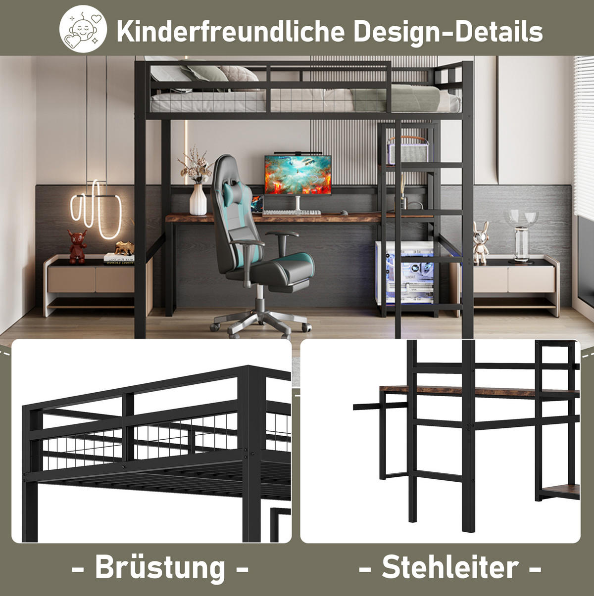 HOCHBETT 140/200 cm aus Metall/MDF mit Schreibtisch, Regalen und USB-/Typ-C-Steckdose Schwarz - Schwarz, Metall (140/200cm) - Modenvie