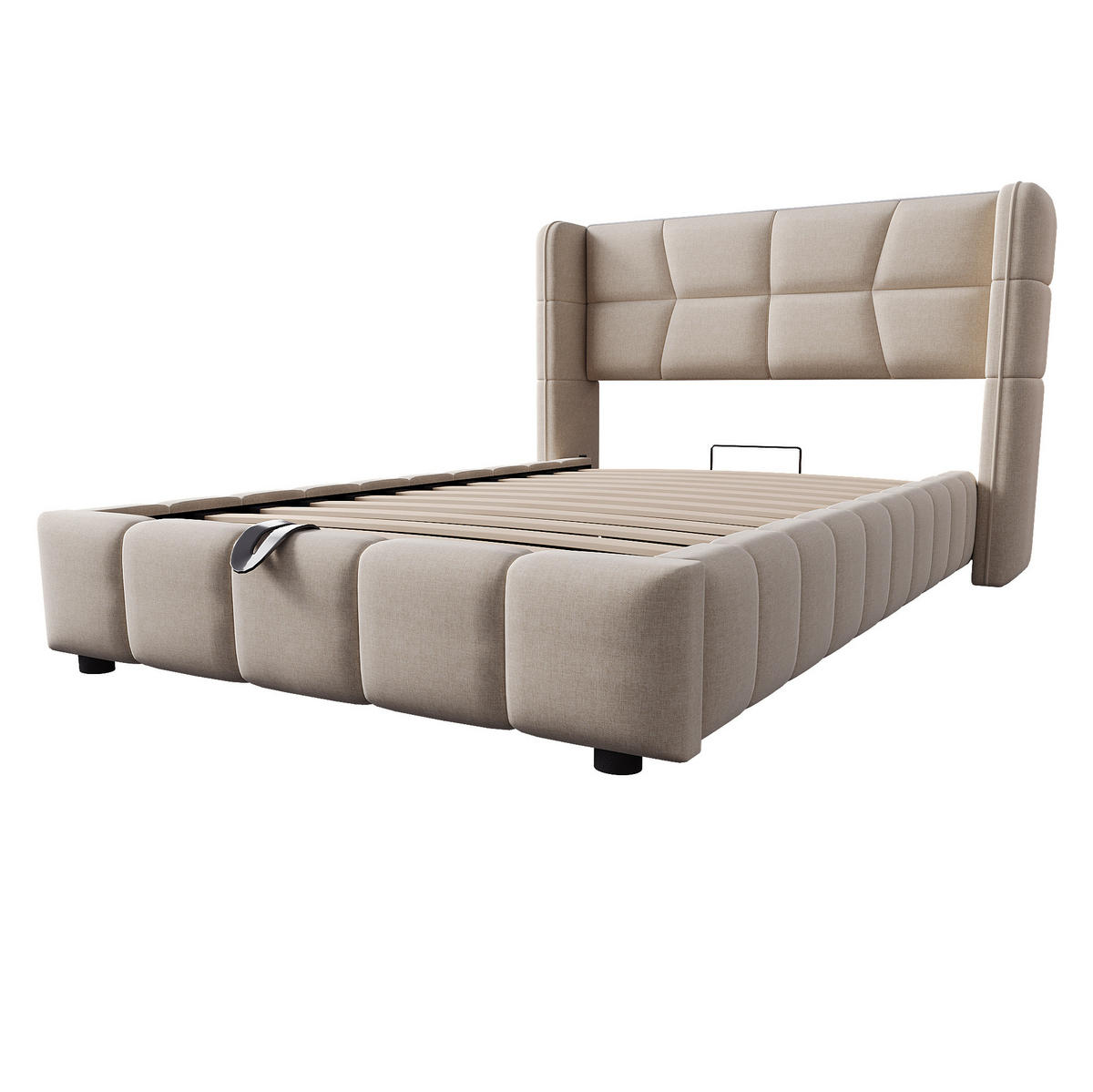KINDERBETT 90/200 cm mit Stauraum, Hebemechanismus und gepolstertem Kopfteil aus Leinenstoff, Beige - Beige, Textil (90/200cm) - Redom