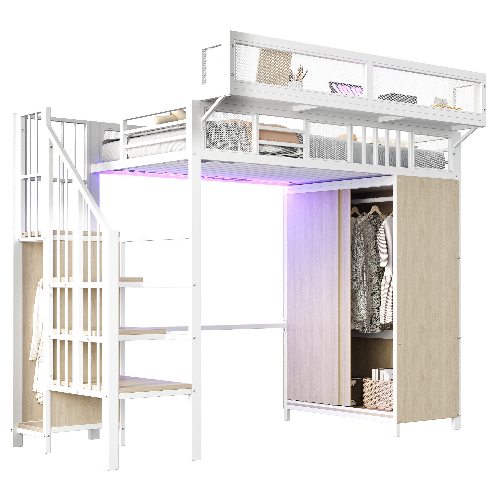 HOCHBETT 90/200 cm mit LED-Beleuchtung, Kleiderschrank und Aufbewahrungsleiter, Weiß - Weiß, Metall (90/200cm) - Redom