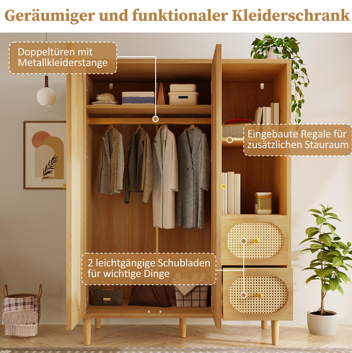 KLEIDERSCHRANK 44/120/161 cm Eiche aus Holz mit Rattanfronten - Nussbaumfarben, Holzwerkstoff (120/161/44cm) - OKWISH