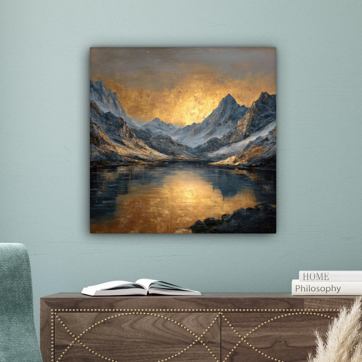 LEINWANDBILD Bergkulisse mit goldenem Sonnenuntergang Wandbild Wohnzimmer 50x50 cm - Goldfarben, Textil (50/50cm) - MuchoWow