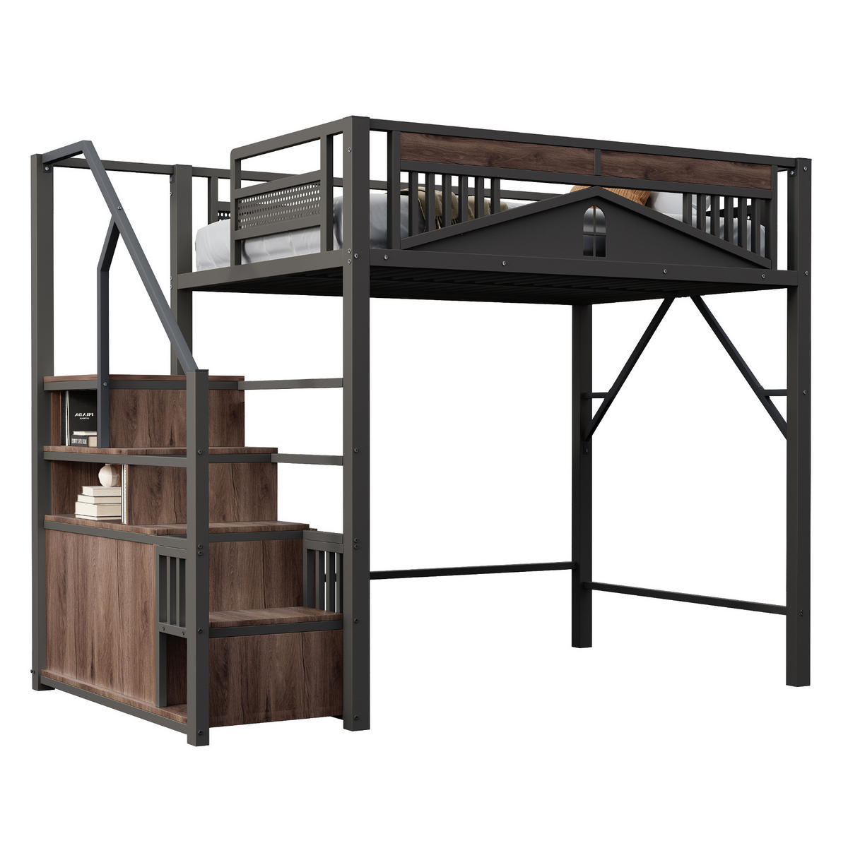 HOCHBETT 140/200 cm aus Metall und Holz mit Stauraumtreppe und Sicherheitszaun Schwarz - Schwarz, Metall (140/200cm) - Modenvie