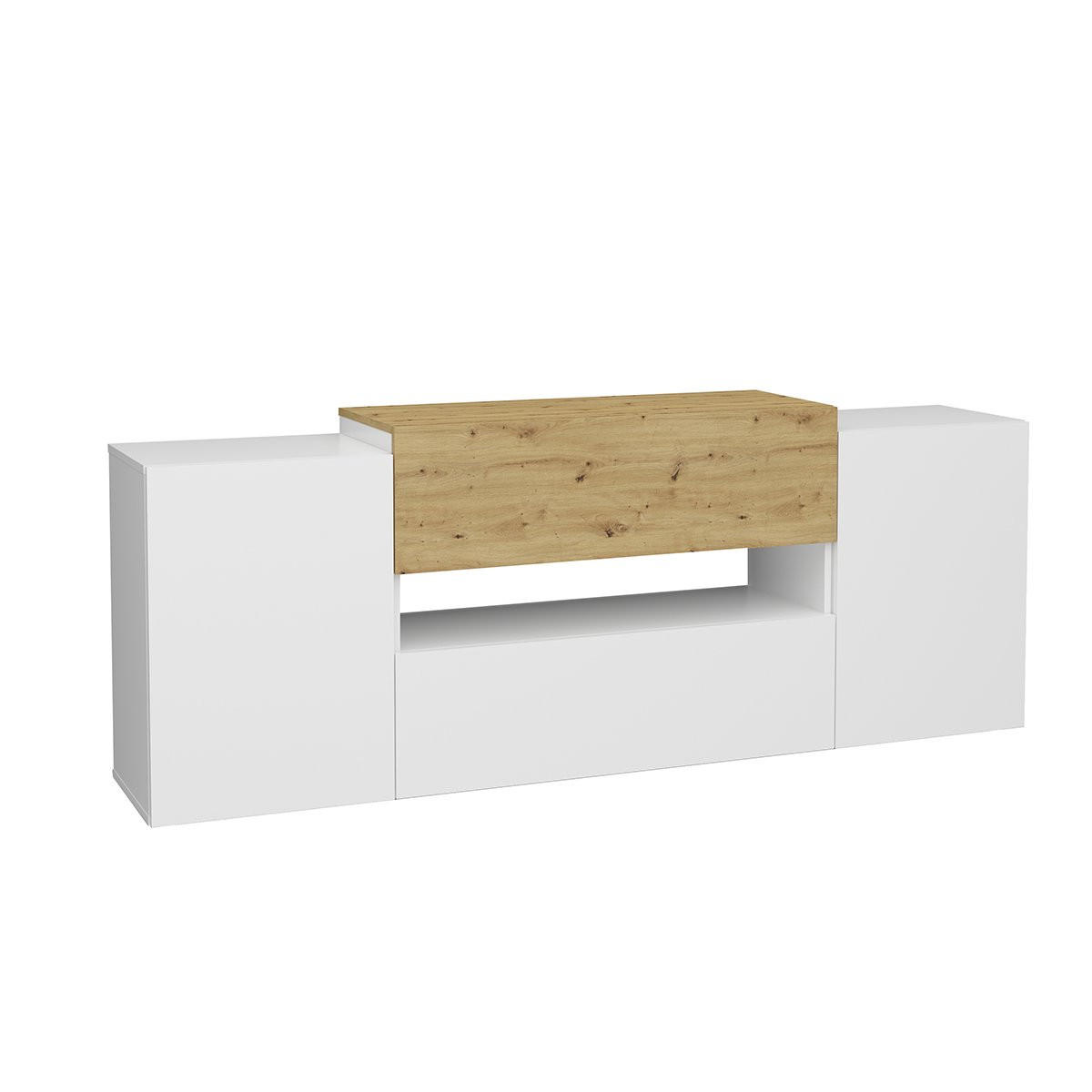 TV-MÖBEL mit 2 Türen und 2 Schubladen, weiß glänzend und Eiche Olpe - L182 cm - Weiß Hochglanz, Holzwerkstoff (33/70/182cm) - Calicosy