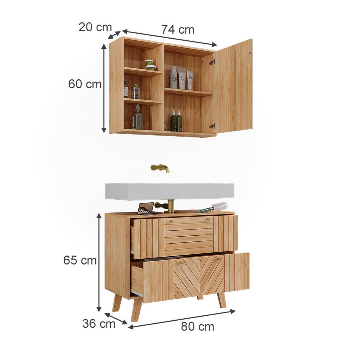 BADMÖBEL-SET Lucie Bambus 2 Teile - Grün, Holzwerkstoff (80/65/36cm) - Vicco
