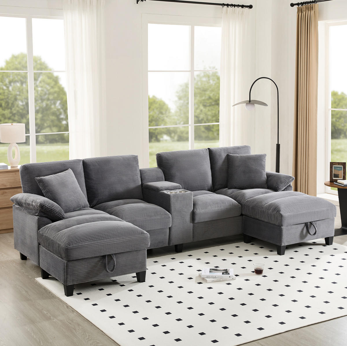 WOHNLANDSCHAFT U-Form Cord mit Stauraum und USB-Anschluss 293/142/93 cm Grau - Grau, Kunststoff/Textil (93/293/142cm) - Redom