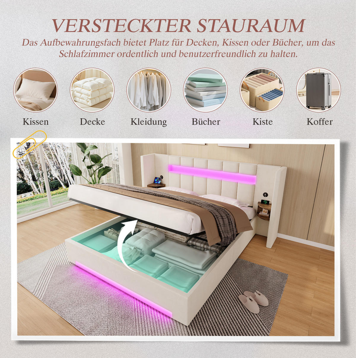 POLSTERBETT 180/200 cm mit USB-Anschlüssen, LED-Beleuchtung, Hydraulik-Stauraum und Retro-Schränken, Beige - Beige, Textil (180/200cm) - Redom