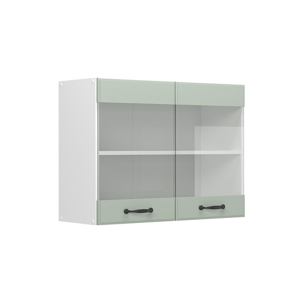 KUCHYNSKÁ SKLENENÁ SKRINKA R-Line, Mint vidiecky dom/biely, 80 cm - biela/zelená, kompozitné drevo (80/60/31cm) - Vicco