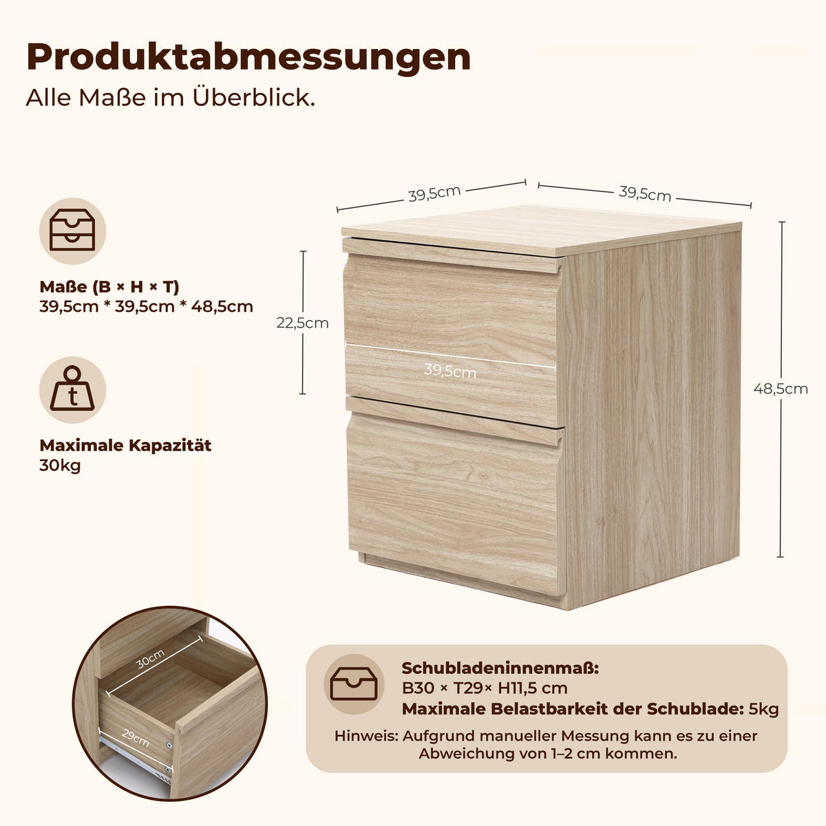 NACHTTISCH Holz mit 2 Schubladen, Holzoptik | B40 x T40 x H49 cm - Hellbraun, Holzwerkstoff (39.5/48.5/39.5cm) - Hometopia