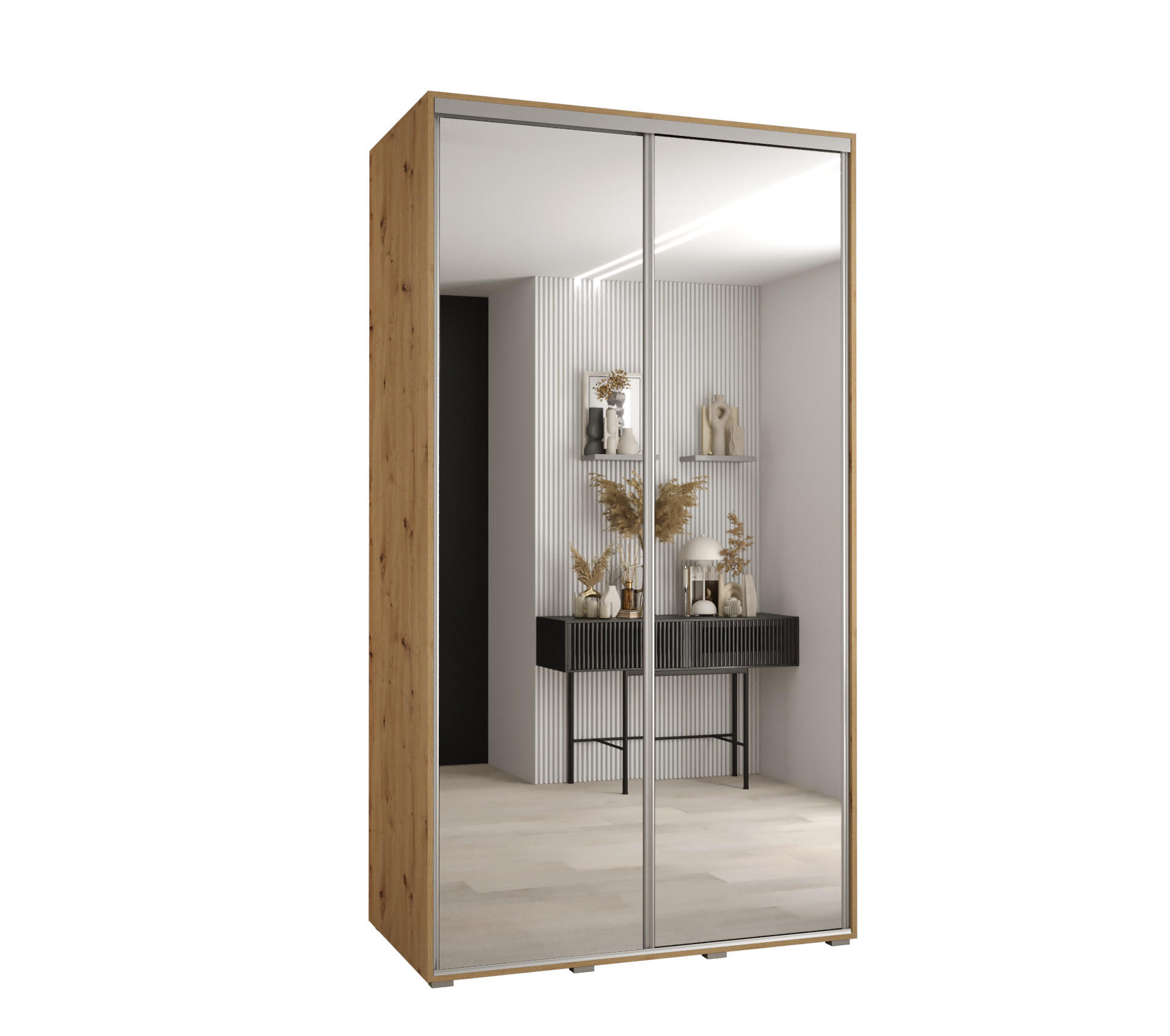 Abiks Möbel Schwebetürenschrank Eiche Artisan, Silber 130x235x60 cm