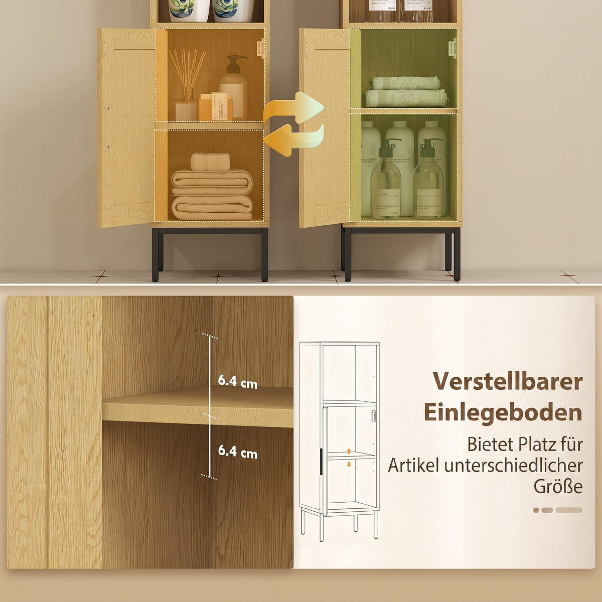 BADEZIMMERSCHRANK Spanplatte Stahl Naturholz - Schwarz/Naturfarben, Holzwerkstoff/Kunststoff (30/94/30cm) - HOMCOM