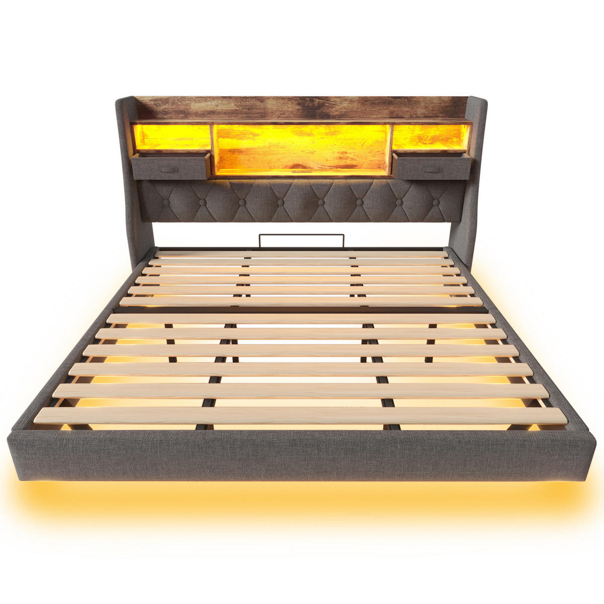 POLSTERBETT 180/200 cm mit LED-Beleuchtung, USB und Type-C, Stauraum-Kopfteil aus Leinen, Grau - Grau, Textil (180/200cm) - Redom