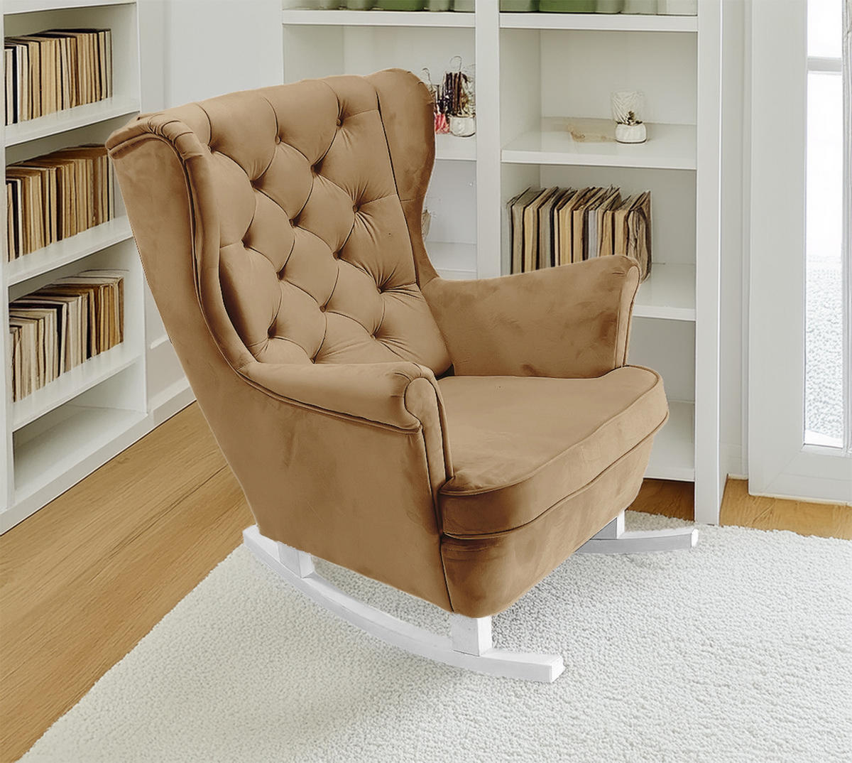 SCHAUKELSESSEL mit gepolstertem Sitz und Armlehnen, 102x81x95 cm, Cappuccino_29807 - Creme/Weiß, Holz/Textil (81/102/95cm) - DomoHome