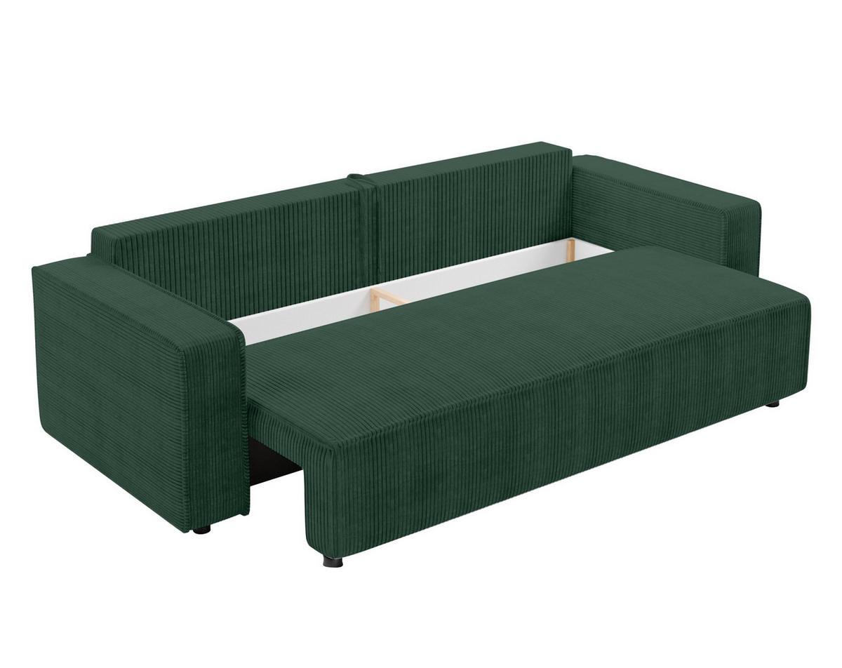 BIGSOFA Aydin Sofa Grün 238/94/85 cm Cord mit Schlaffunktion Bettkasten - Dunkelgrün/Schwarz, Kunststoff/Textil (238/85/94cm) - AX Living