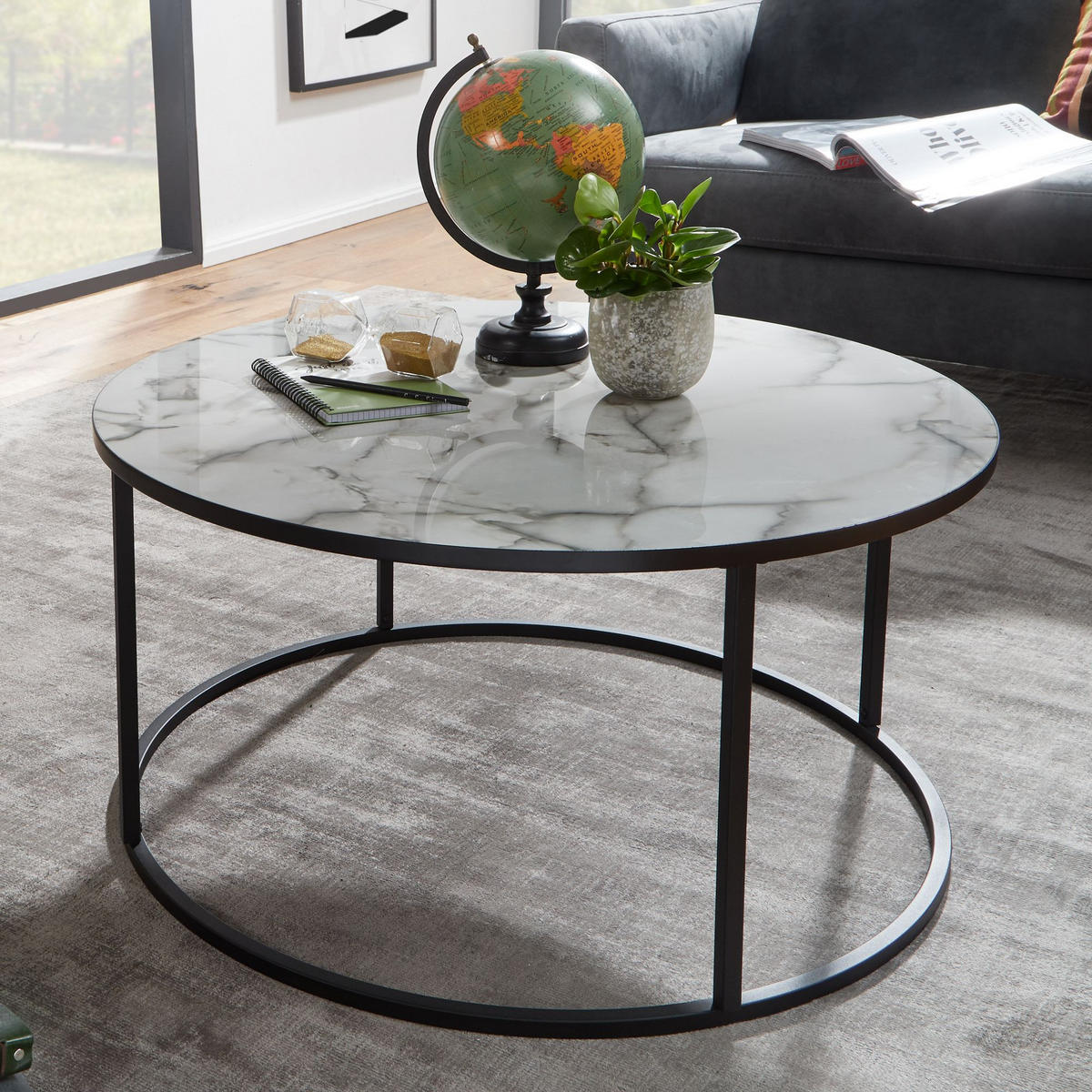 COUCHTISCH rund, Marmor-Optik, modernes Design mit 80 cm Durchmesser - Schwarz/Weiß, Holz/Metall (80/80/40cm) - KADIMA DESIGN